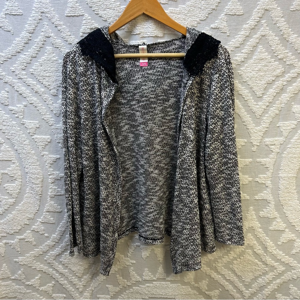 Open Front Cardigan with Crochet Lace Trimmed Hood